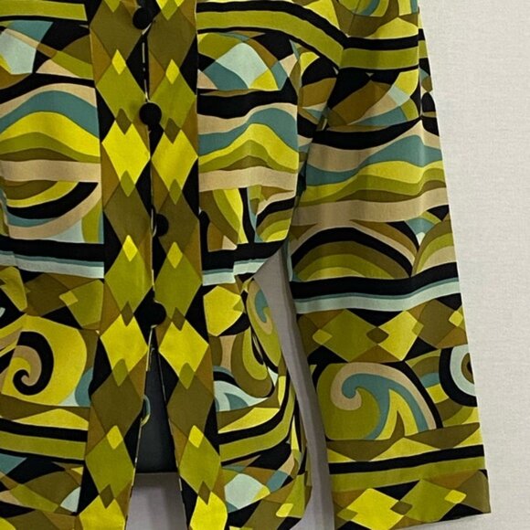 B-165 Maggy London Green Blue & Black 100% Silk Blazer Suit Jacket Size 10 - Picture 3 of 14